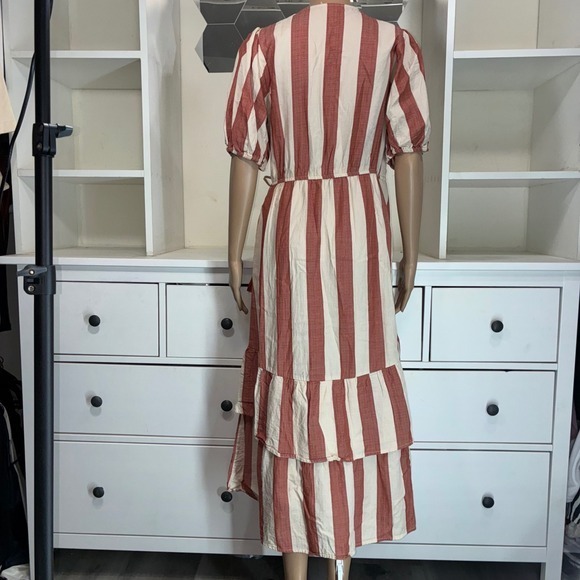 Knox Rose Striped Wrap Midi Dress Puff Sleeve Tiered Ruffle Waist Tie S - Picture 2 of 7